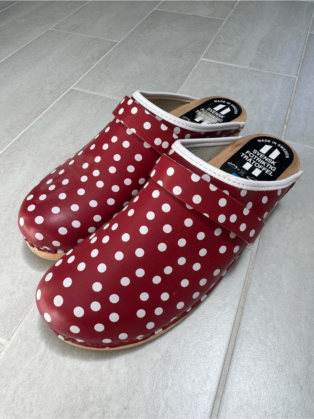 Swedish Wooden Clogs with Red & White Polka Dots - Picture 2 of 3